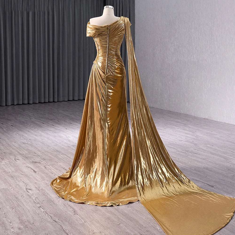 Metallic Liquid Gold Women's Beaded Peal Mermaid Evening Gown with Watteau Train