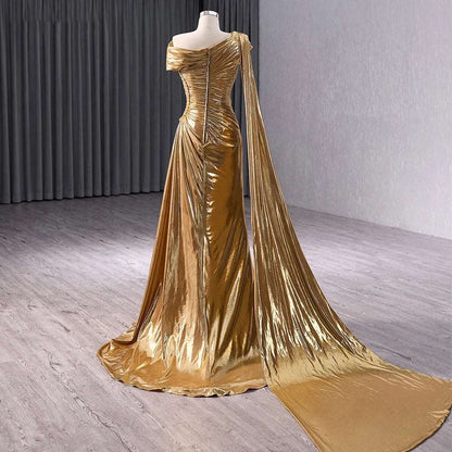 Metallic Liquid Gold Women's Beaded Peal Mermaid Evening Gown with Watteau Train