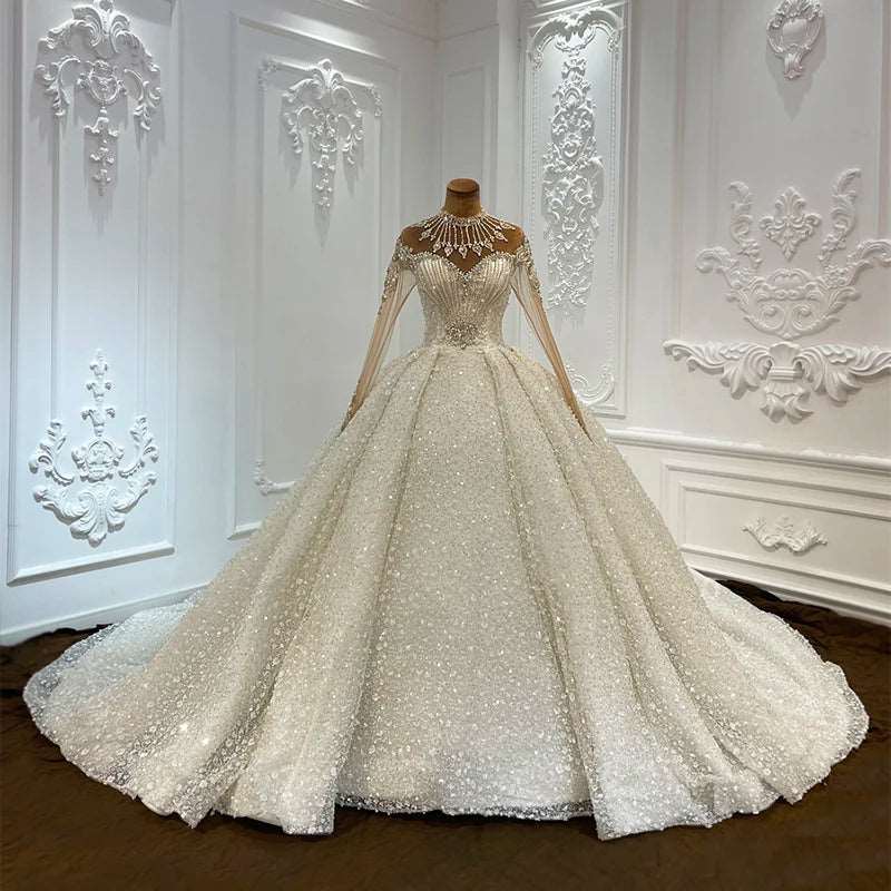 Luxury Pure Silk Crystal Embroidered Wedding Gown with Choker & Chapel Train