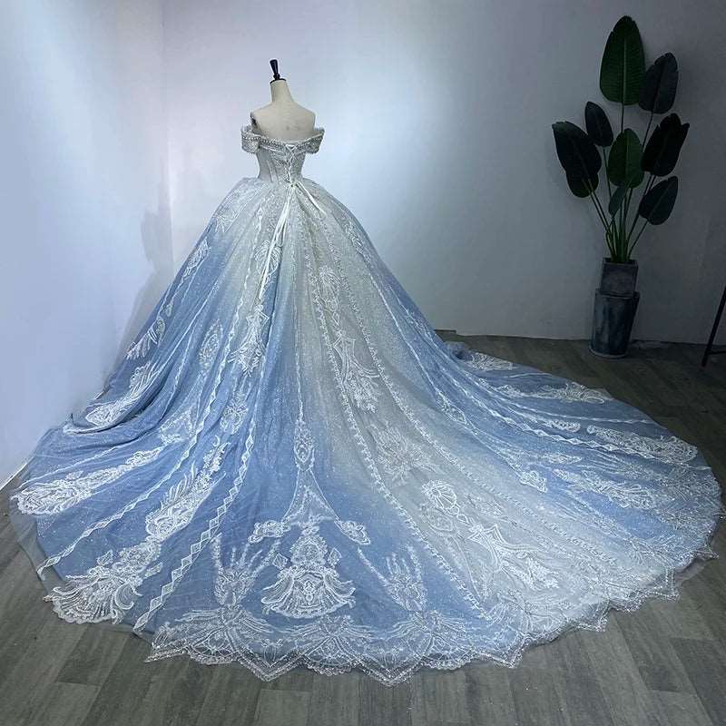 Vintage Light Blue Off-Shoulder Wedding Ball Gown with White Embroidery & Rhinestones