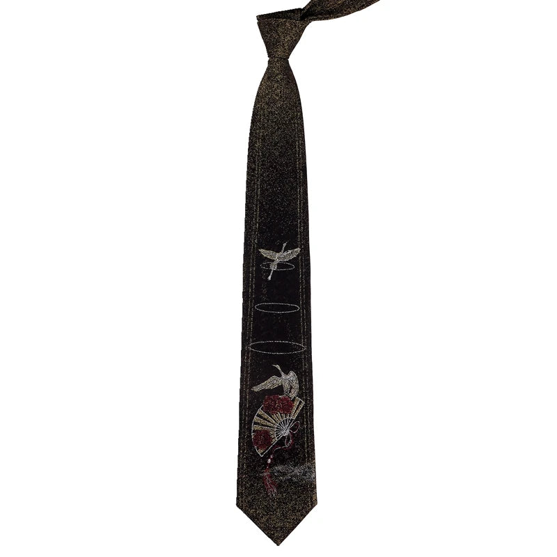 Men's Oriental Crane & Fan Chinese Style Black Jacquard Embroidered Necktie