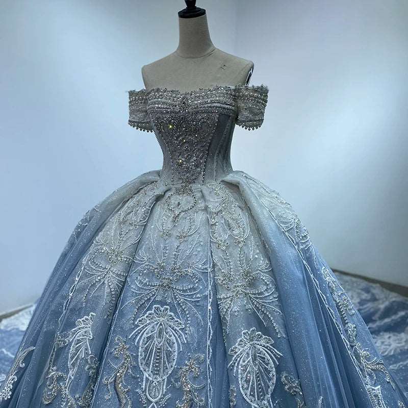 Vintage Light Blue Off-Shoulder Wedding Ball Gown with White Embroidery & Rhinestones