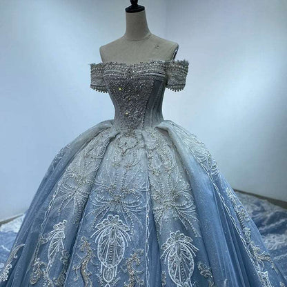 Vintage Light Blue Off-Shoulder Wedding Ball Gown with White Embroidery & Rhinestones