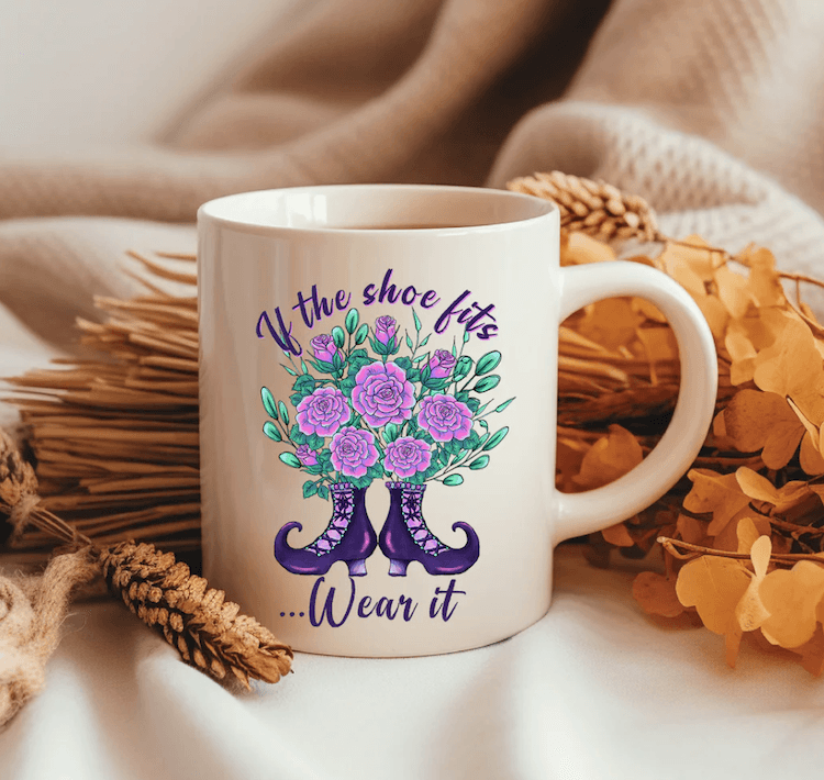 "If The Shoe Fits" Halloween Purple Witch Boots & Roses 15oz Ceramic Mug - Lovez Aqua© - 