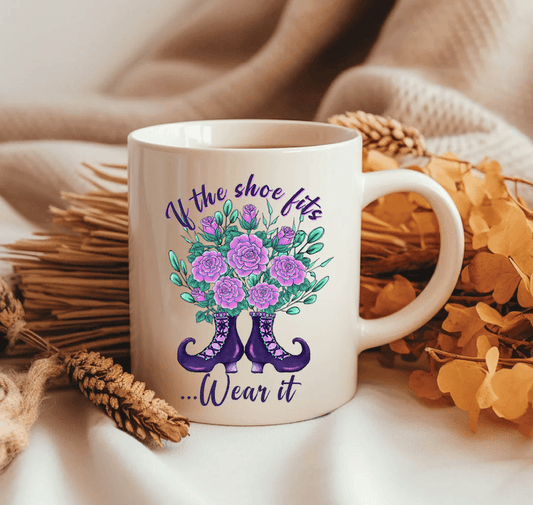 "If The Shoe Fits" Halloween Purple Witch Boots & Roses 15oz Ceramic Mug - Lovez Aqua© - 