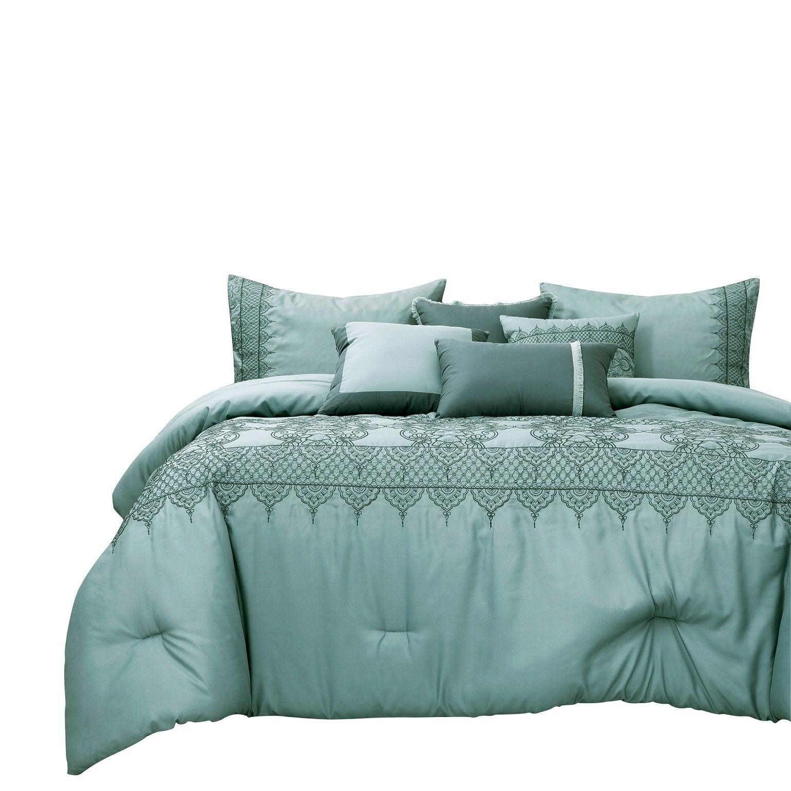 Luxurious Mint Green 7 Piece Comforter Set With Geometric Accents - Lovez Aqua© - 