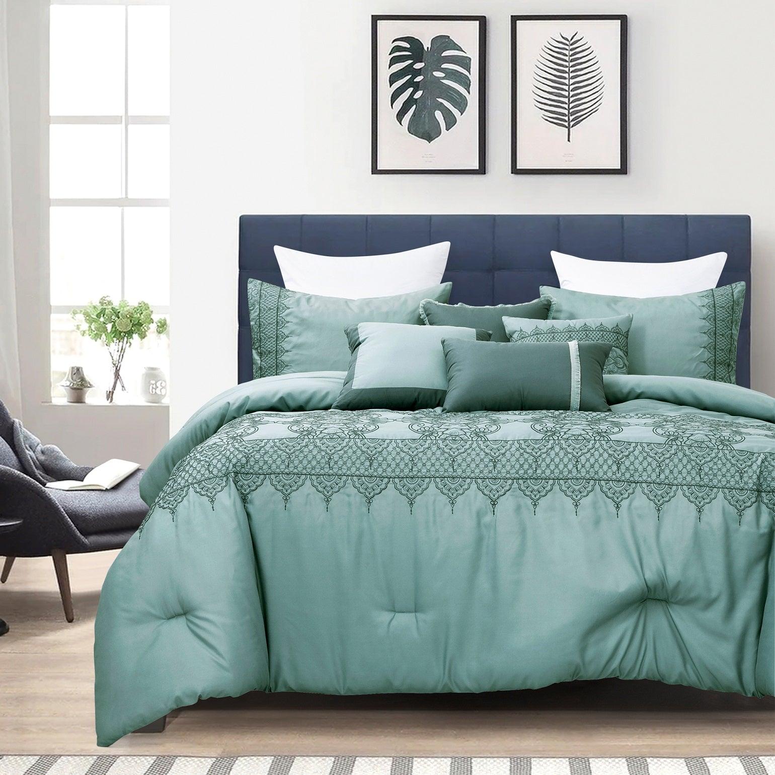 Luxurious Mint Green 7 Piece Comforter Set With Geometric Accents - Lovez Aqua© - 