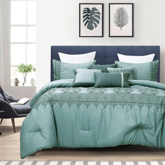 Luxurious Mint Green 7 Piece Comforter Set With Geometric Accents - Lovez Aqua© - 