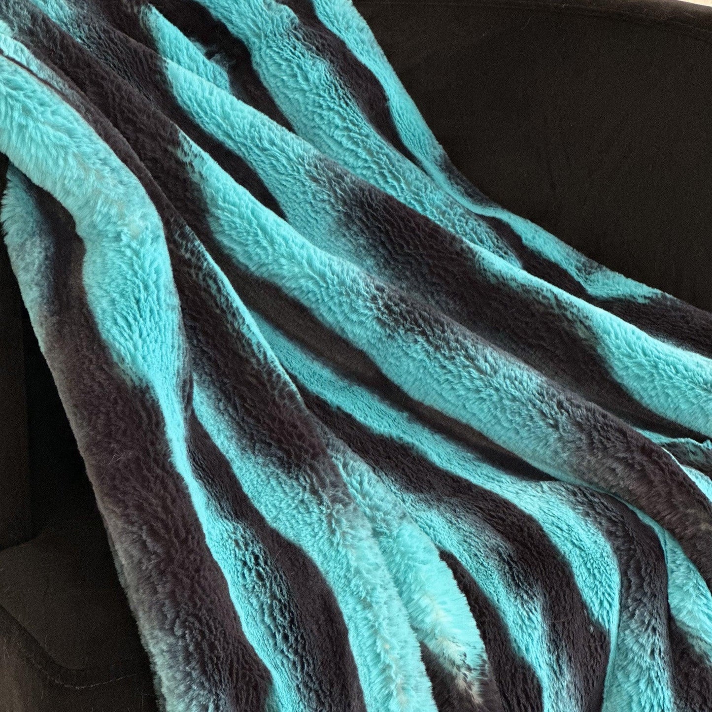 Luxury Faux Fur Peacock Blue & Black Zebra Print Throw Blanket - Lovez Aqua© - 