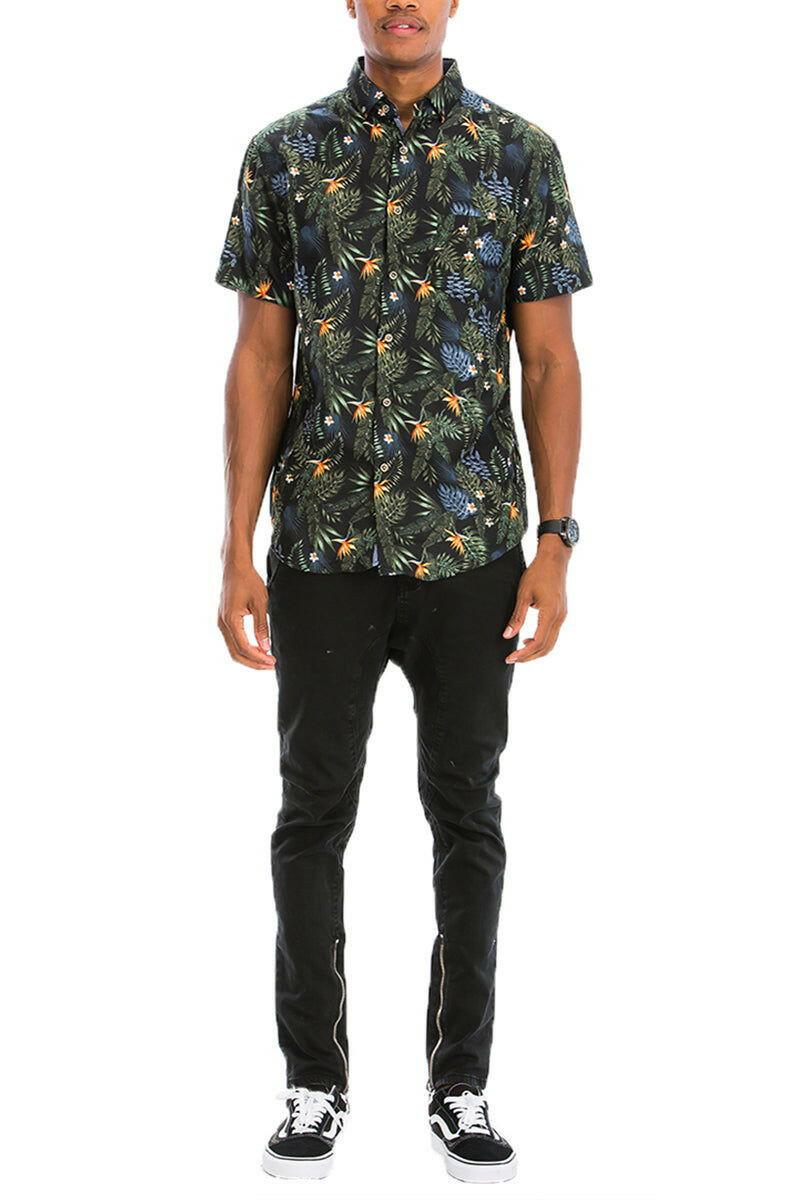 Men's Black Hawaiian Foliage Print Short Sleeve Buttoned Shirt - Lovez Aqua© - casual shirts, men's clothing, shirts