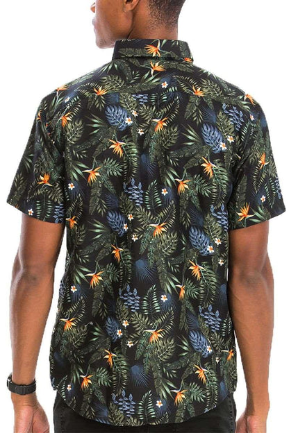 Men's Black Hawaiian Foliage Print Short Sleeve Buttoned Shirt - Lovez Aqua© - casual shirts, men's clothing, shirts