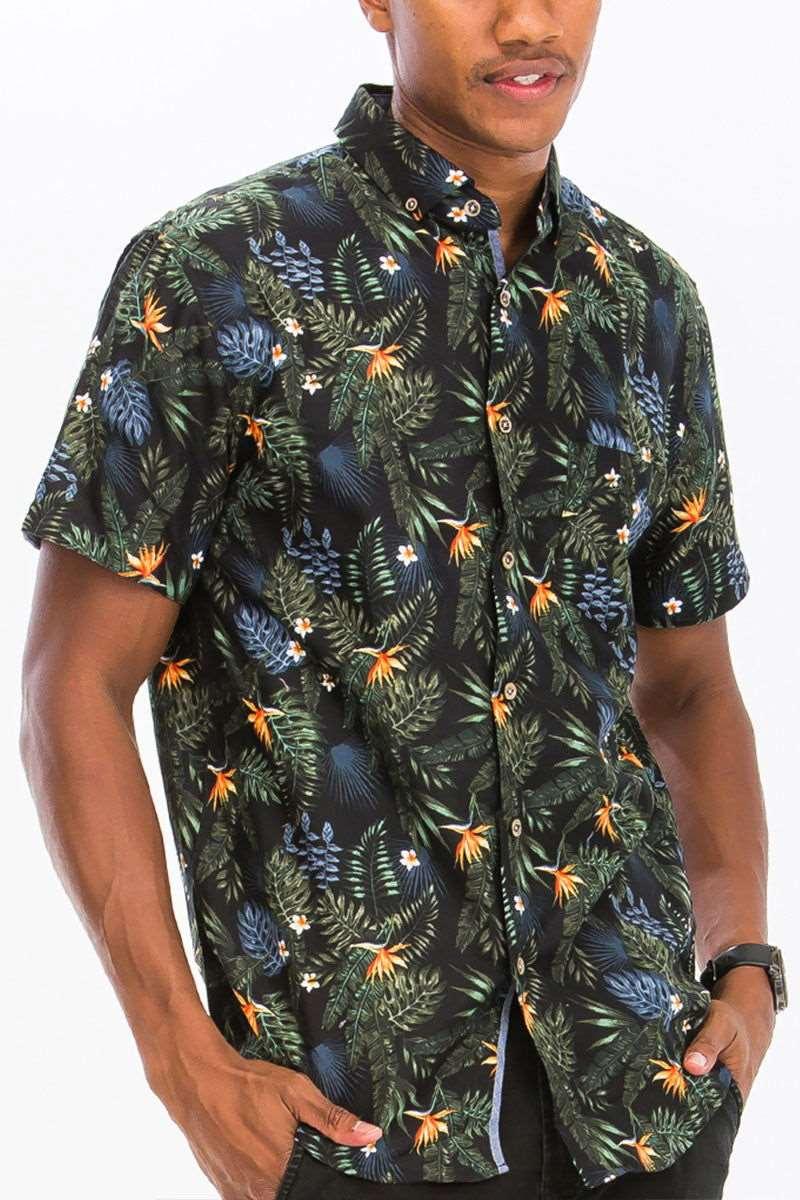 Men's Black Hawaiian Foliage Print Short Sleeve Buttoned Shirt - Lovez Aqua© - casual shirts, men's clothing, shirts