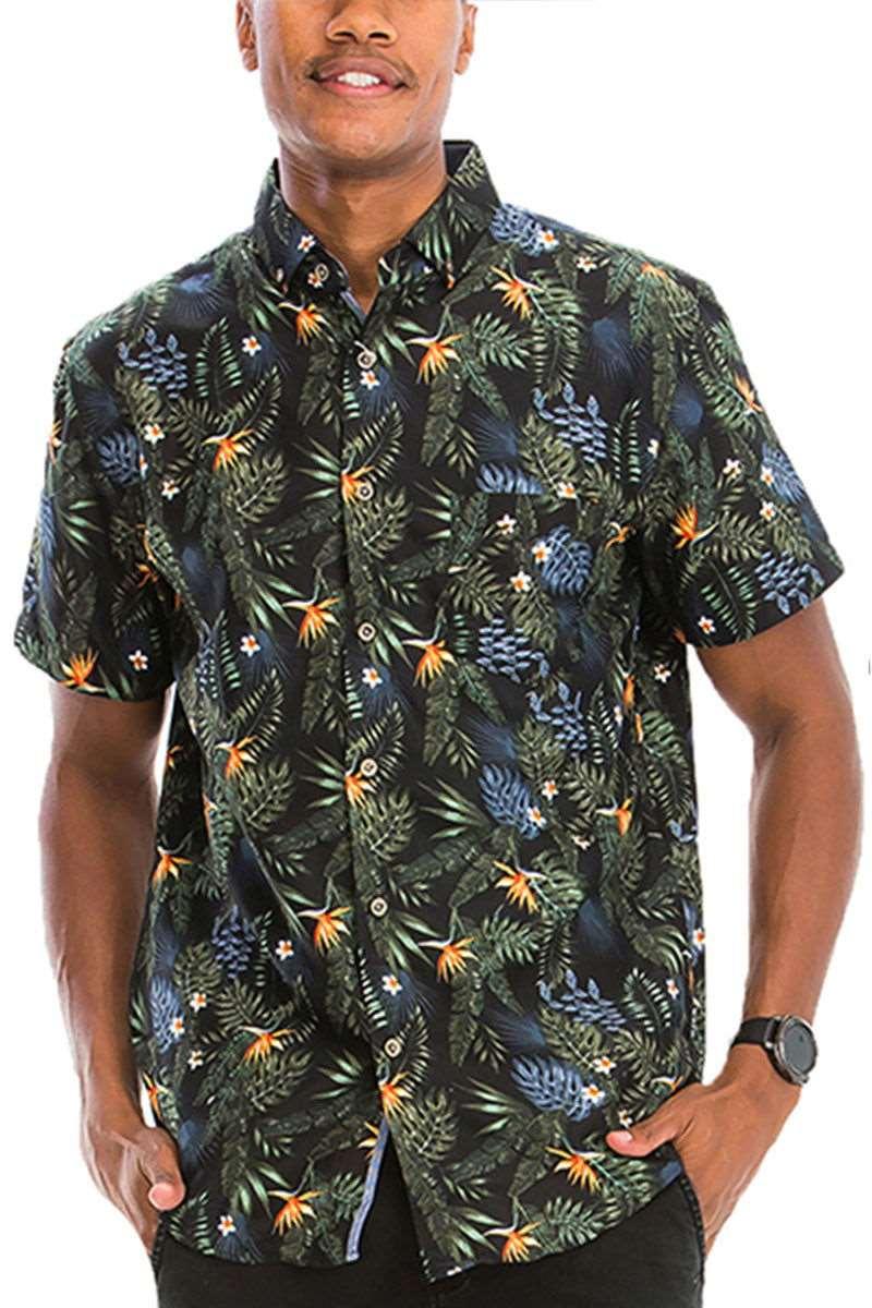 Men's Black Hawaiian Foliage Print Short Sleeve Buttoned Shirt - Lovez Aqua© - casual shirts, men's clothing, shirts