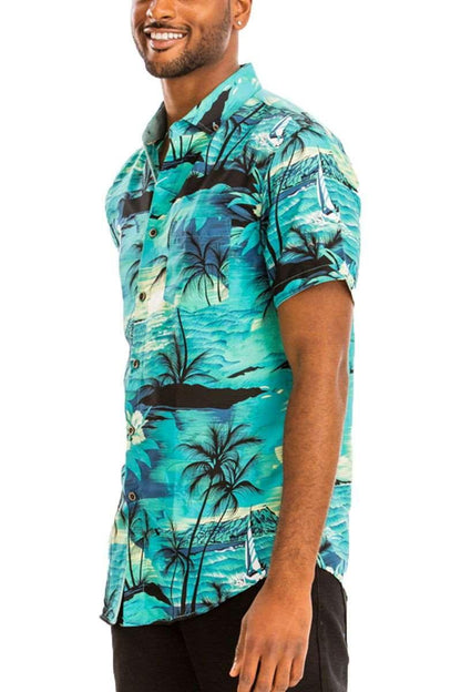 Men's Blue Hawaiian Palm Trees Short Sleeve Print Shirt - Lovez Aqua© - men's clothing, shirt