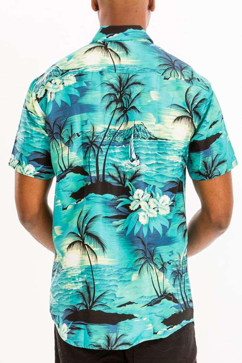 Men's Blue Hawaiian Palm Trees Short Sleeve Print Shirt - Lovez Aqua© - men's clothing, shirt