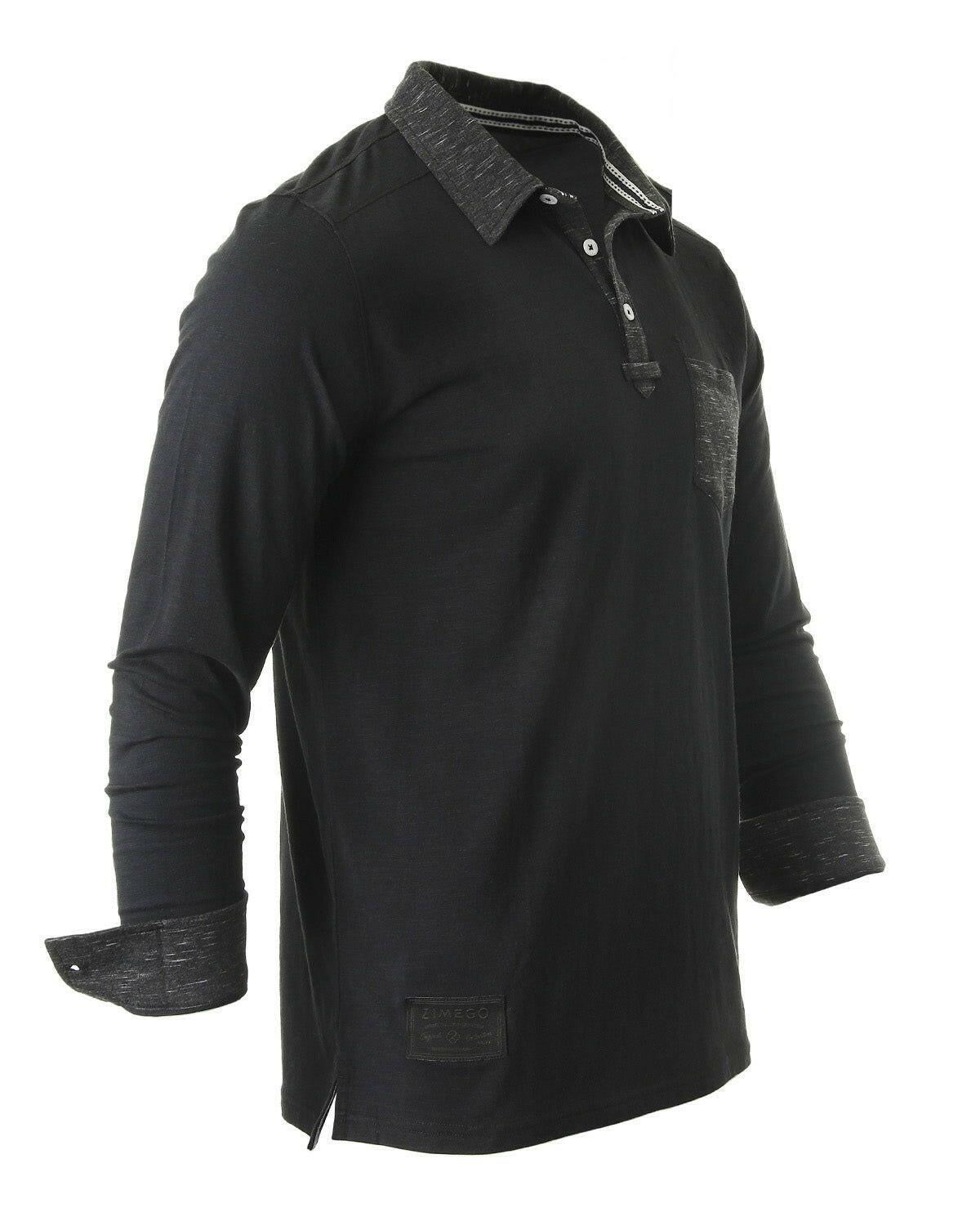 Men's Casual Long Sleeve Black Color Contrast Placket Pocket Polo Shirt - Lovez Aqua© - men's clothing, polo, tops & tees