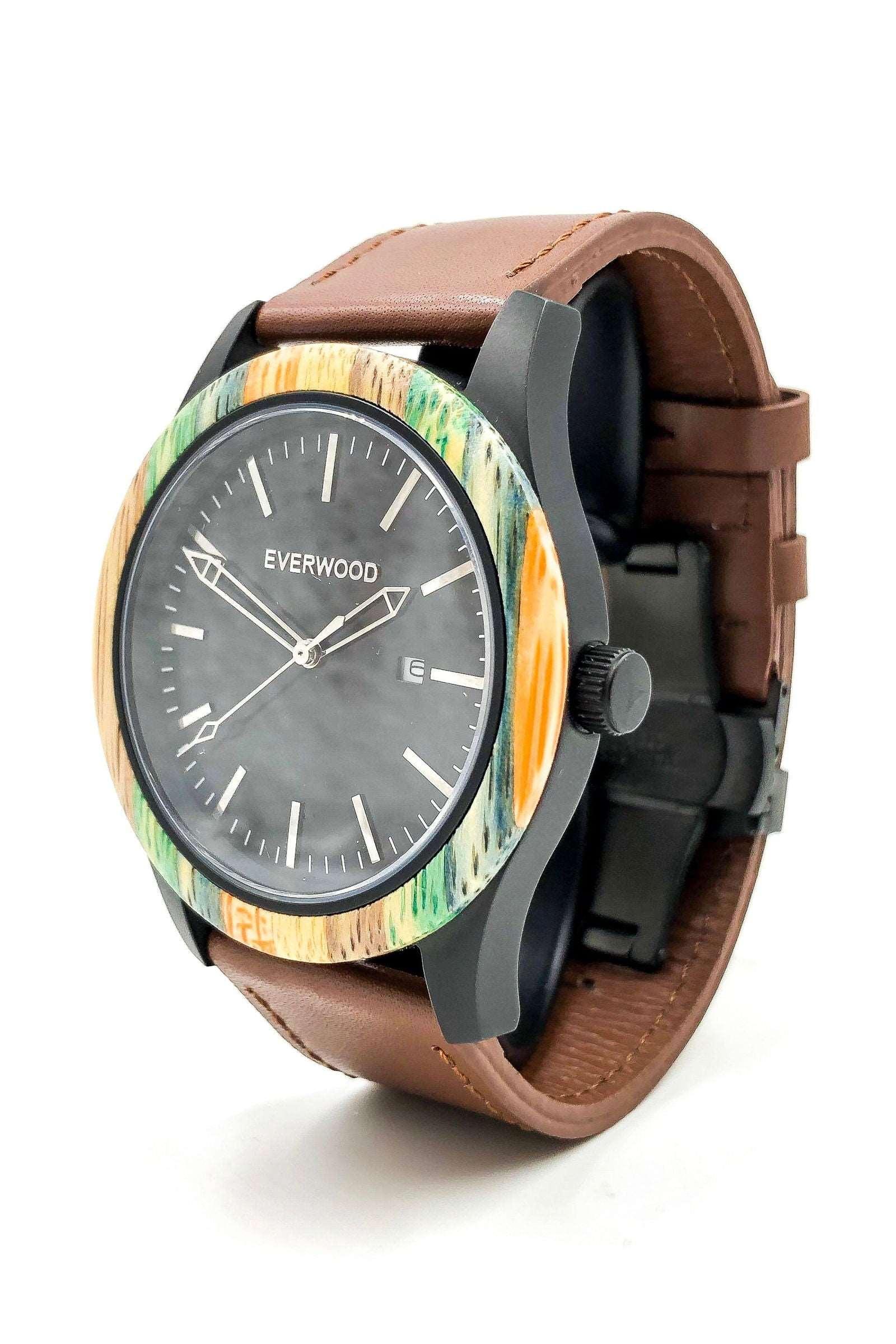 Men's Colored Bamboo & Brown Leather Miyota Japanese Quartz Watch - Lovez Aqua© - black watch, men's watches, watches