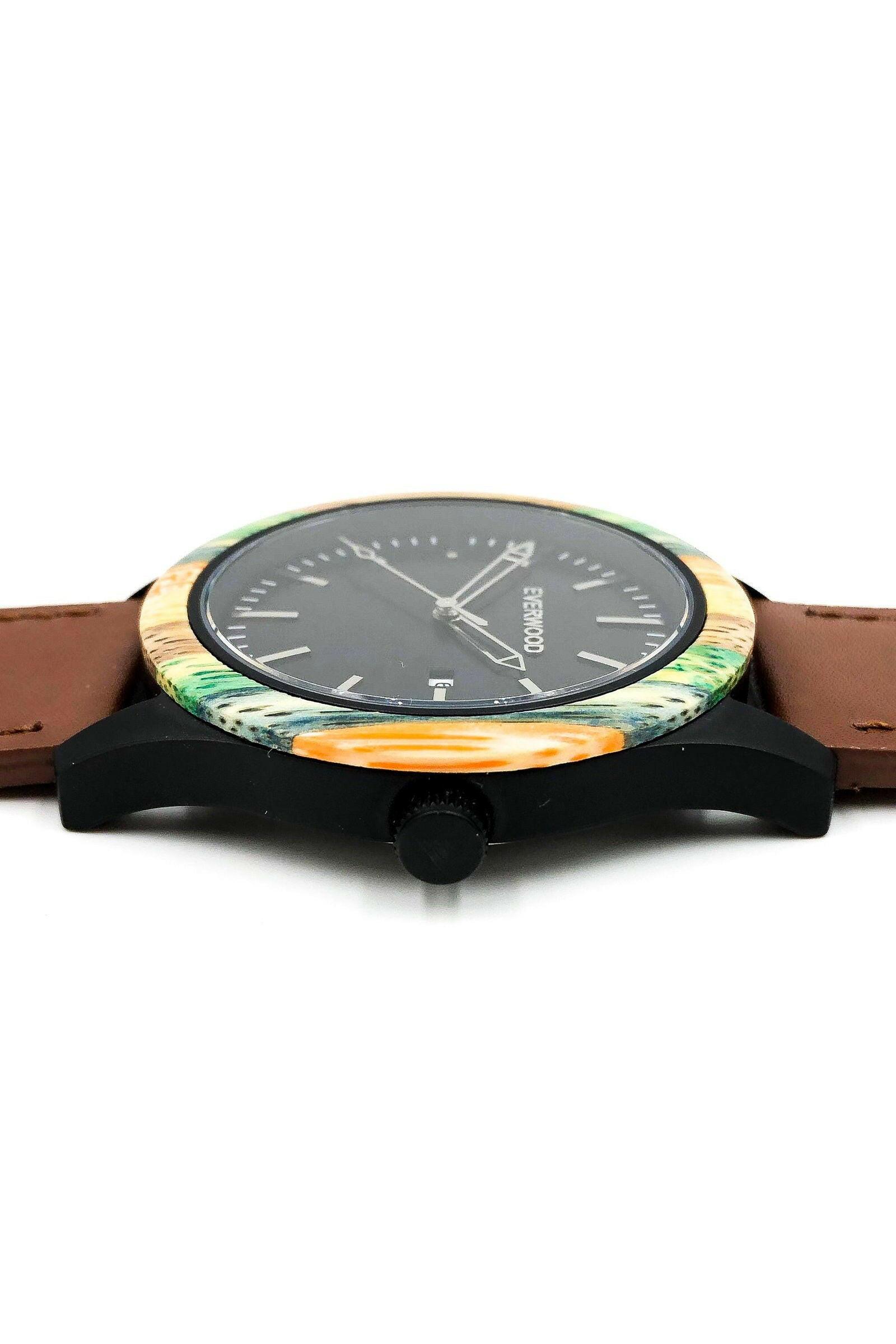 Men's Colored Bamboo & Brown Leather Miyota Japanese Quartz Watch - Lovez Aqua© - black watch, men's watches, watches