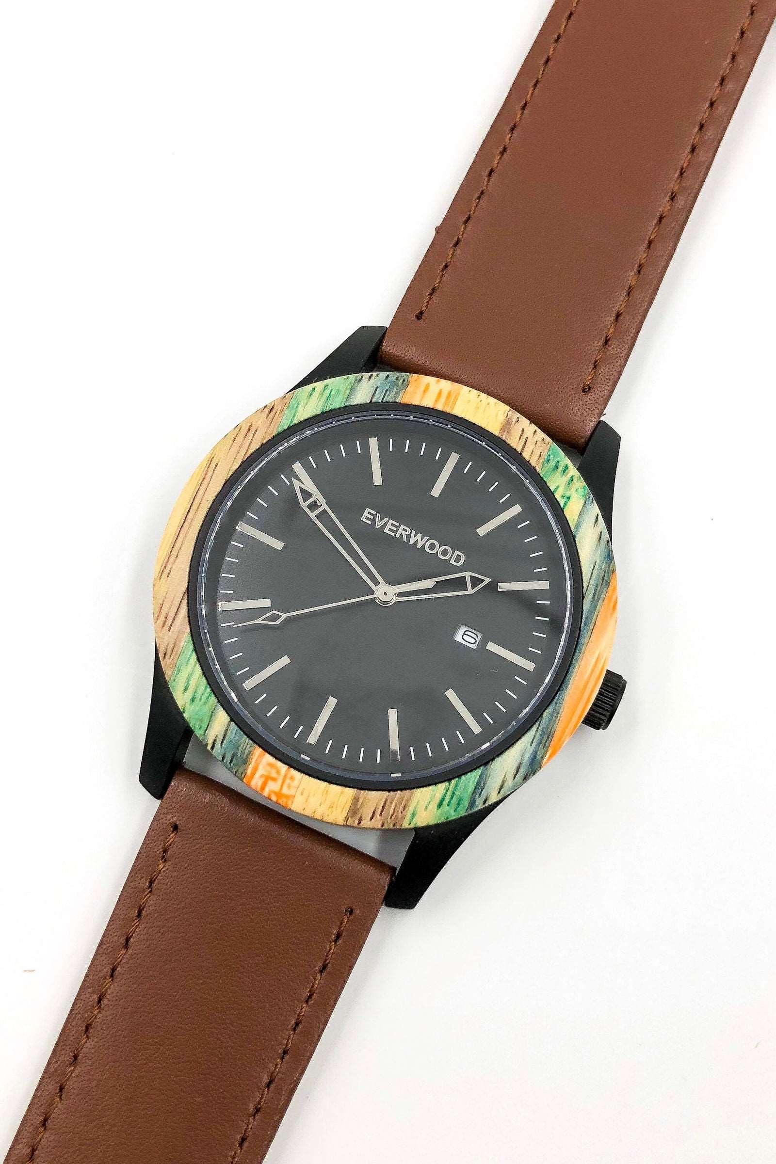 Men's Colored Bamboo & Brown Leather Miyota Japanese Quartz Watch - Lovez Aqua© - black watch, men's watches, watches