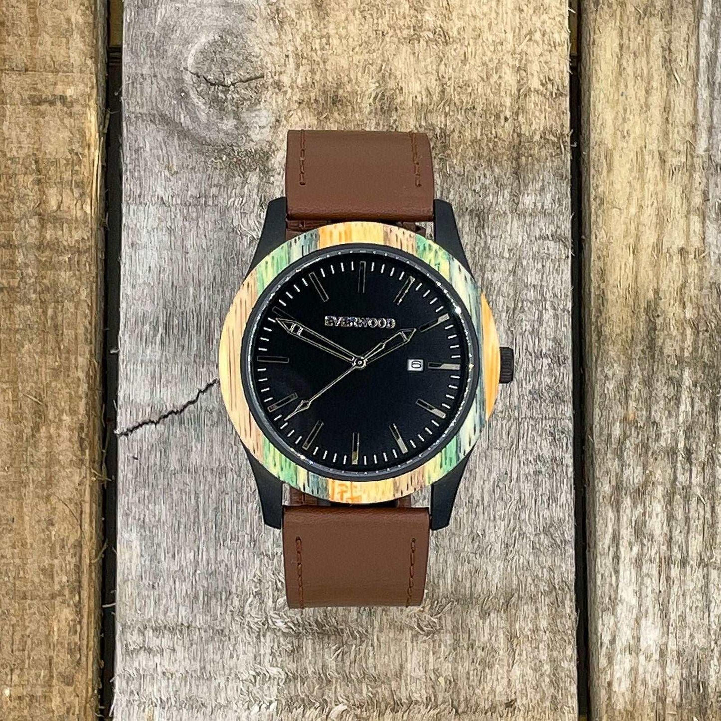 Men's Colored Bamboo & Brown Leather Miyota Japanese Quartz Watch - Lovez Aqua© - black watch, men's watches, watches