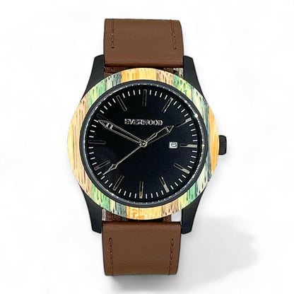 Men's Colored Bamboo & Brown Leather Miyota Japanese Quartz Watch - Lovez Aqua© - black watch, men's watches, watches