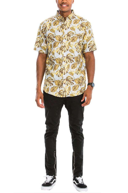 Men's Golden Hawaiian Foliage Short Sleeve Collared Shirt - Lovez Aqua© - casual shirts, men's clothing, shirt