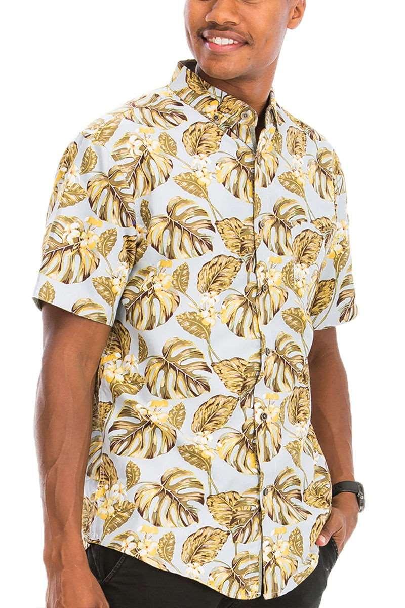 Men's Golden Hawaiian Foliage Short Sleeve Collared Shirt - Lovez Aqua© - casual shirts, men's clothing, shirt