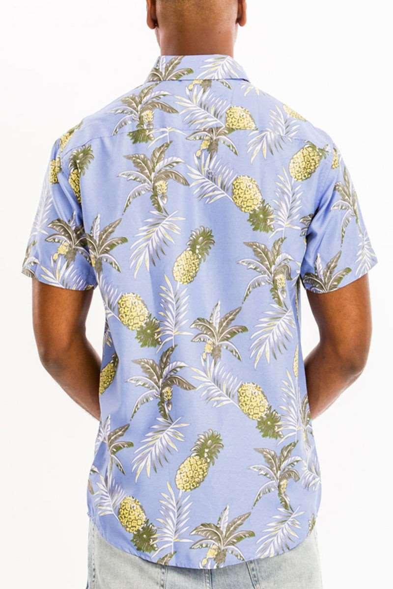 Men's Lilac Digital Print Hawaiian Palm Trees & Pineapple Short Sleeve Shirt - Lovez Aqua© - 