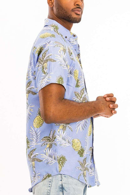 Men's Lilac Digital Print Hawaiian Palm Trees & Pineapple Short Sleeve Shirt - Lovez Aqua© - 