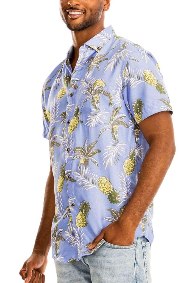 Men's Lilac Digital Print Hawaiian Palm Trees & Pineapple Short Sleeve Shirt - Lovez Aqua© - 