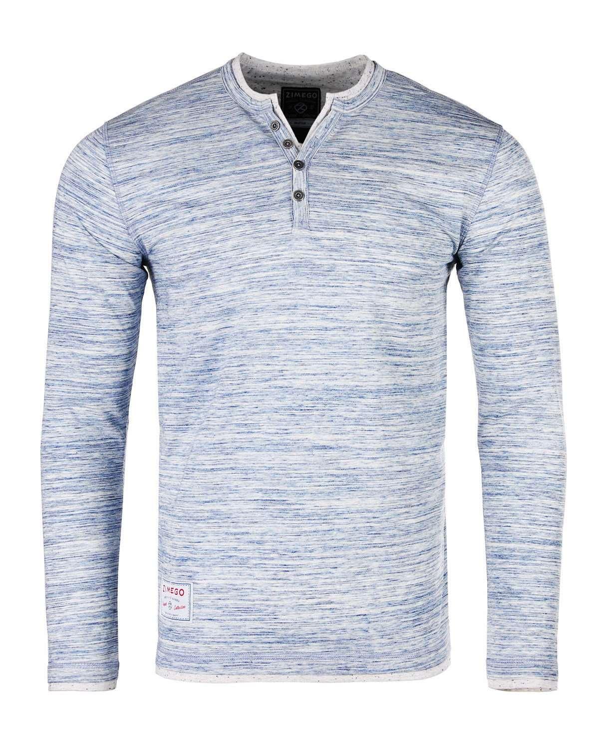 Men's Long Sleeve Double Layered Y-Neck Blue & White Striped Henley Shirt - Lovez Aqua© - blue, casual shirts, men's clothing, shirts