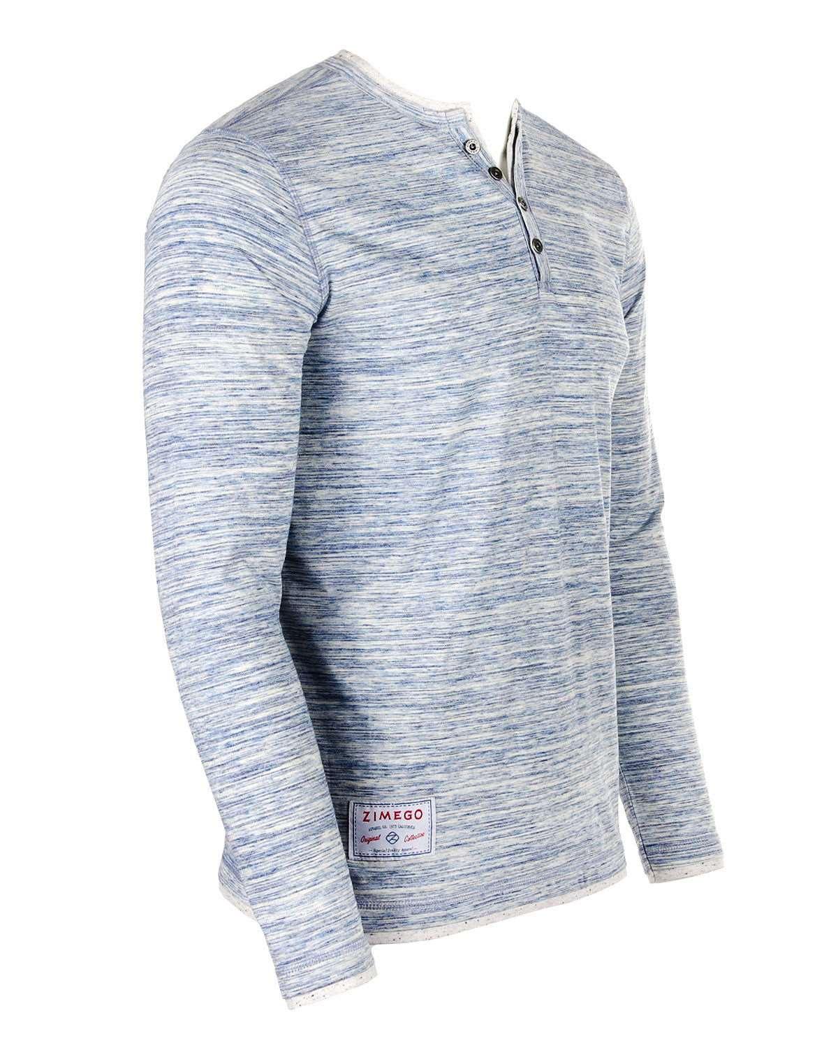 Men's Long Sleeve Double Layered Y-Neck Blue & White Striped Henley Shirt - Lovez Aqua© - blue, casual shirts, men's clothing, shirts