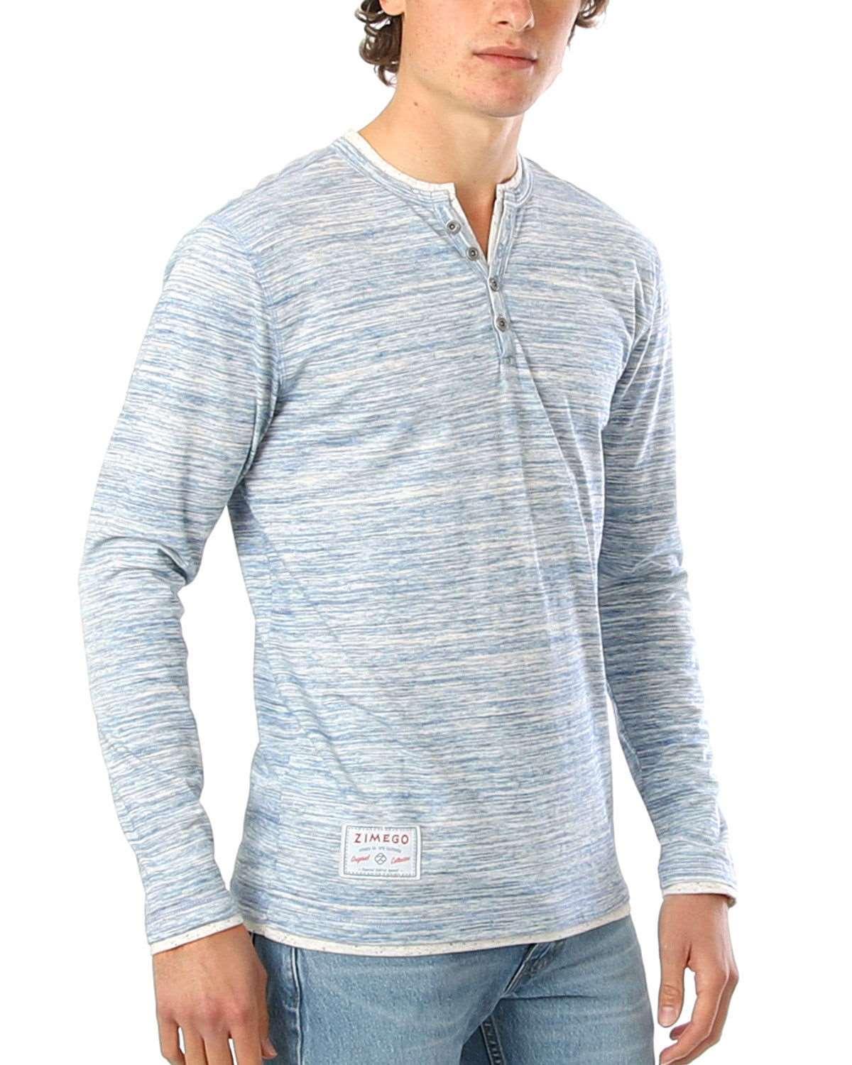 Men's Long Sleeve Double Layered Y-Neck Blue & White Striped Henley Shirt - Lovez Aqua© - blue, casual shirts, men's clothing, shirts