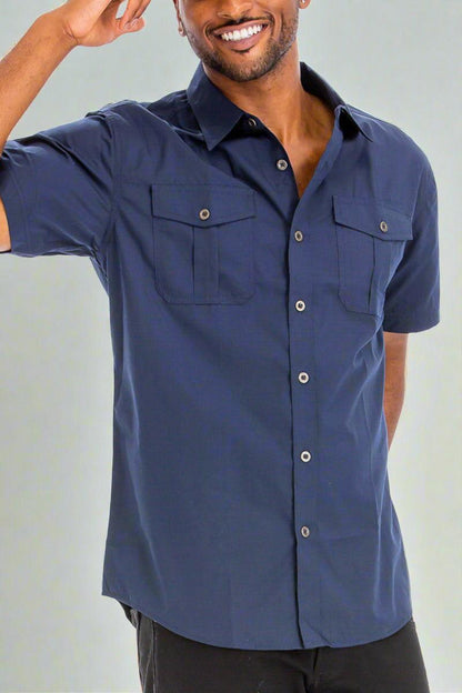 Men's Short Sleeve Navy Button Down Shirt With Dual Chest Pockets - 80d3e6-0e.myshopify.com - -  