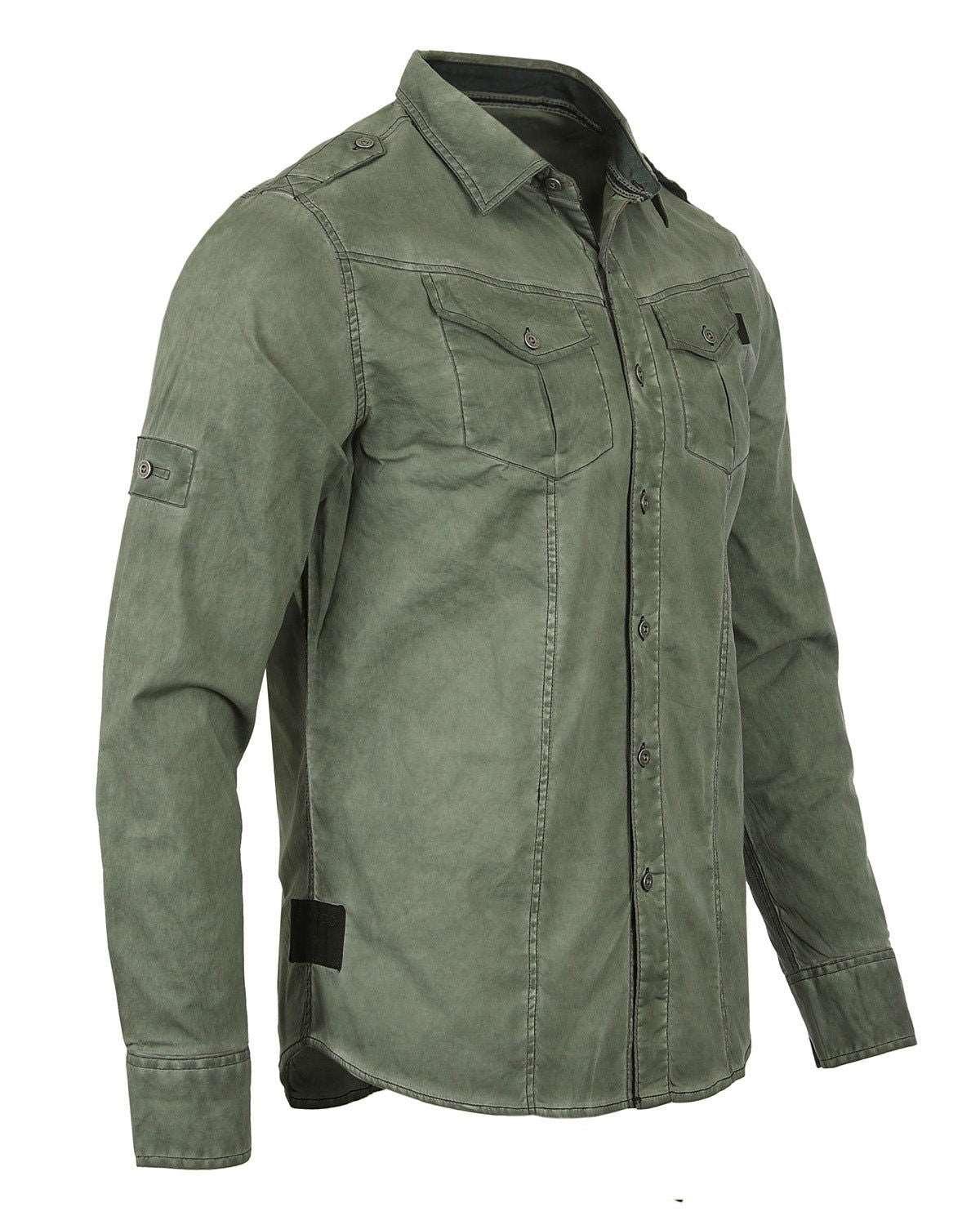 Men's Stretch Roll-Up Sleeve Khaki Vintage Washed Rugged Fashion Buttoned Shirt - Lovez Aqua© - casual shirts, men's clothing, shirts