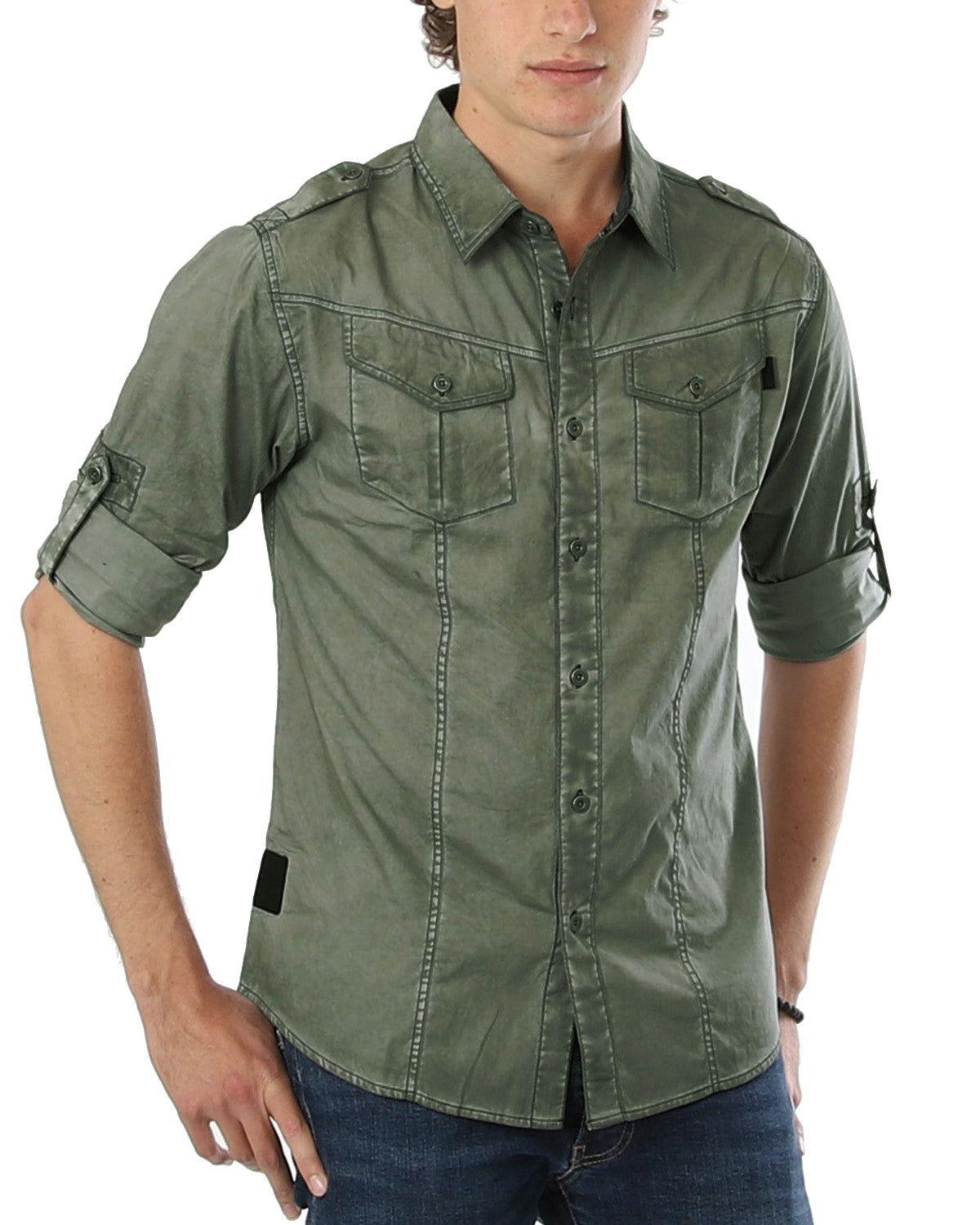 Men's Stretch Roll-Up Sleeve Khaki Vintage Washed Rugged Fashion Buttoned Shirt - Lovez Aqua© - casual shirts, men's clothing, shirts