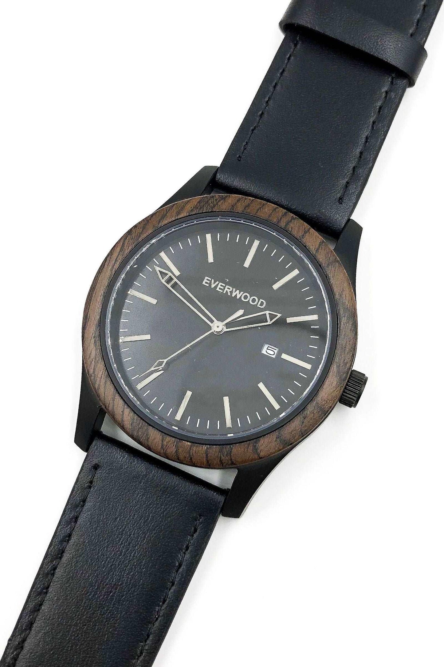 Men's Walnut & Black Leather Miyota Japanese Quartz Watch - Lovez Aqua© - black watch, men's watches, watches