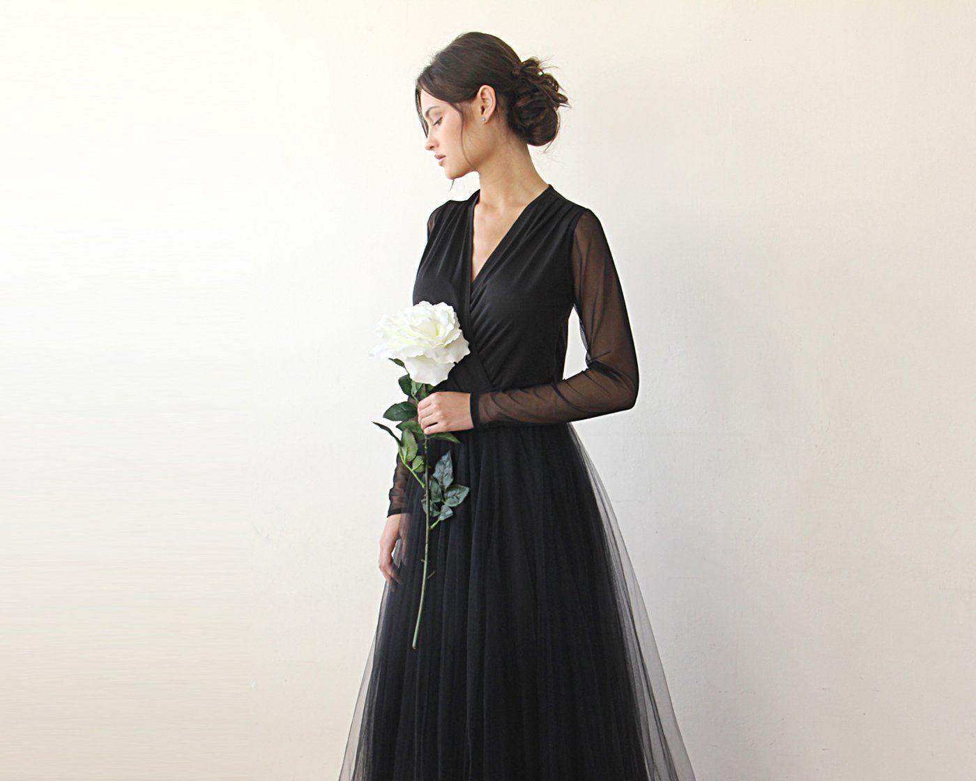 Modern Black Tulle Wrap Wedding Dress With Chiffon Mesh Sleeves & High Slit - Lovez Aqua© - 