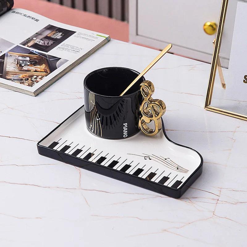 Musical Piano Ceramic Heat-Resistant Mug With Matching Saucer & Spoon Set - Lovez Aqua© - 