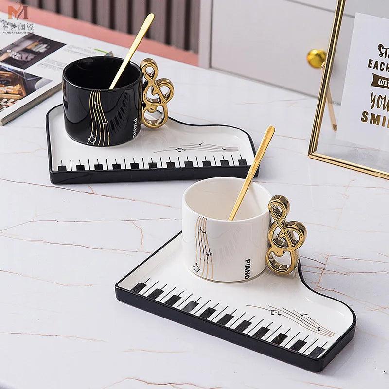 Musical Piano Ceramic Heat-Resistant Mug With Matching Saucer & Spoon Set - Lovez Aqua© - 