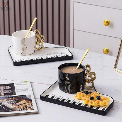 Musical Piano Ceramic Heat-Resistant Mug With Matching Saucer & Spoon Set - Lovez Aqua© - 