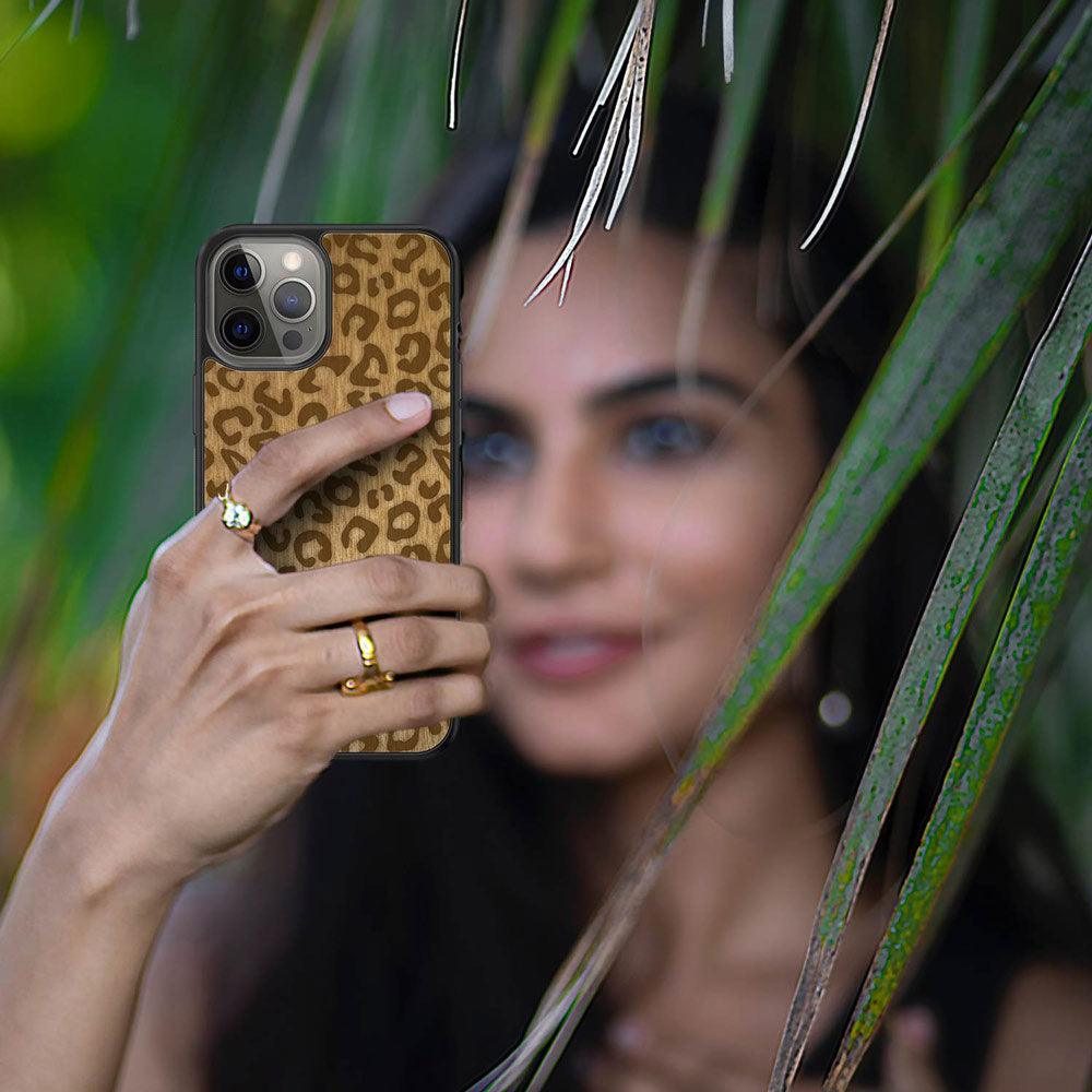 Natural Tanginika Wood Engraved Cheetah Print Protective Phone Case - Lovez Aqua© - 