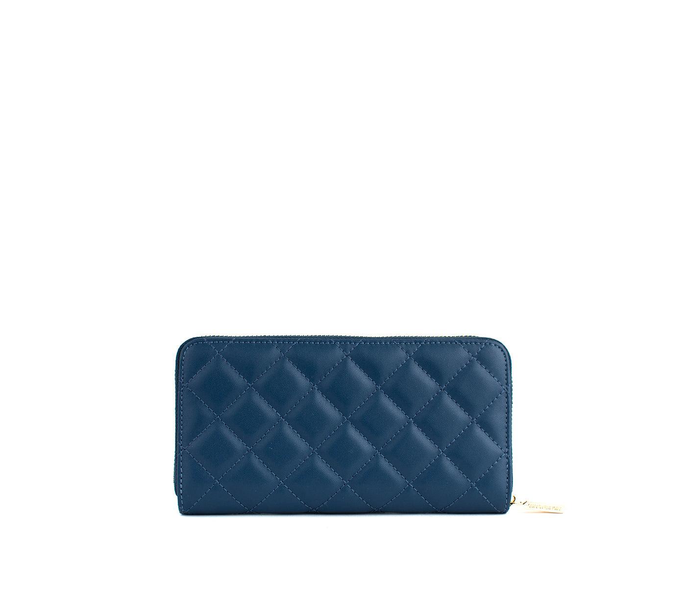 Navy Blue Quilted Leather Women’s Wallet with Zipper Closure & Gold-Tone Heart - Lovez Aqua© - 