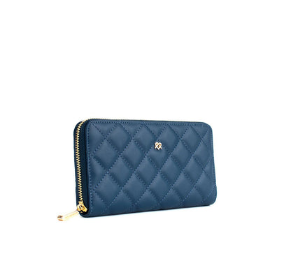 Navy Blue Quilted Leather Women’s Wallet with Zipper Closure & Gold-Tone Heart - Lovez Aqua© - 