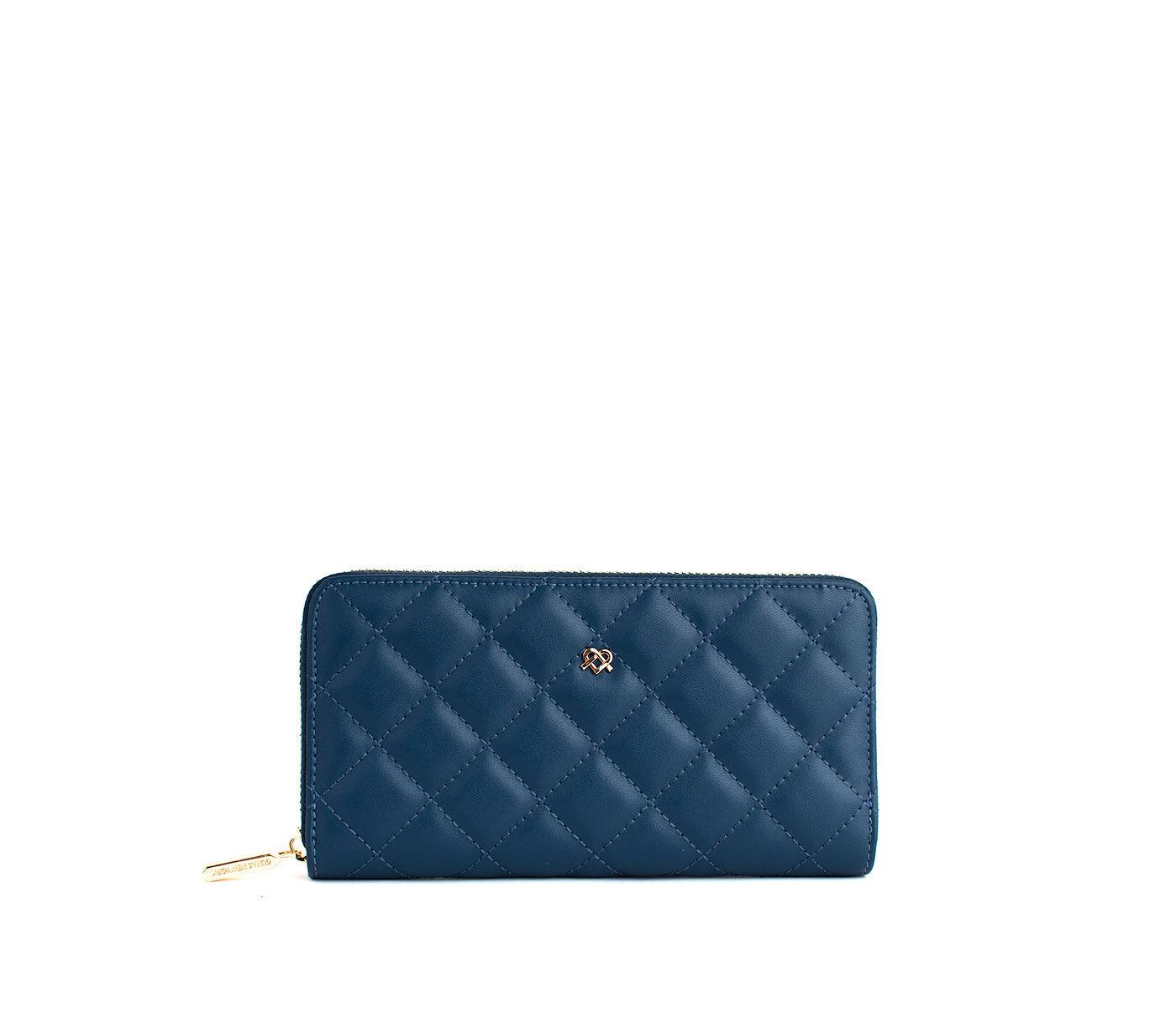 Navy Blue Quilted Leather Women’s Wallet with Zipper Closure & Gold-Tone Heart - Lovez Aqua© - 