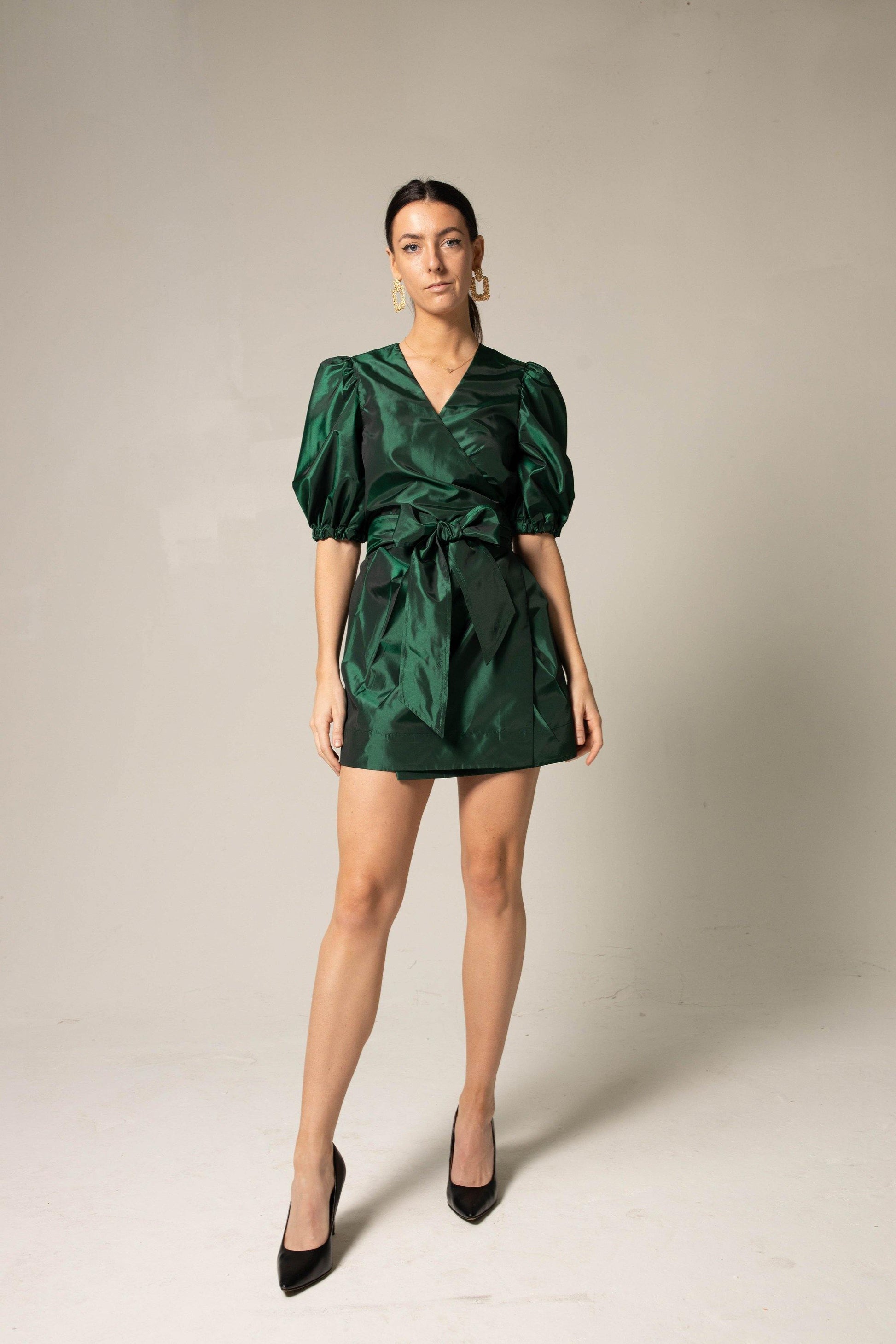 Glamourous Emerald Green Women's Wrap Mini Dress With Ruffled Sleeves - 80d3e6-0e.myshopify.com - -  