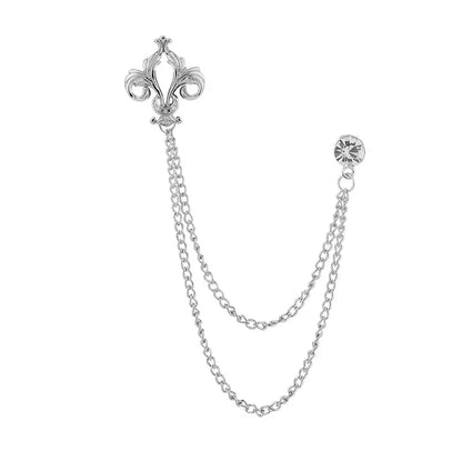 Elegant Fleur de Lis Men's Tassel Chain Brooch Pin with Rhinestone Embellishment - 80d3e6-0e.myshopify.com - Silver -  Silver