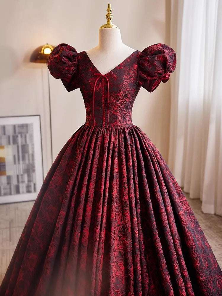 Women's Burgundy & Black Satin A-Line Short Puff Sleeves Vintage Evening Gown - 80d3e6-0e.myshopify.com - -  