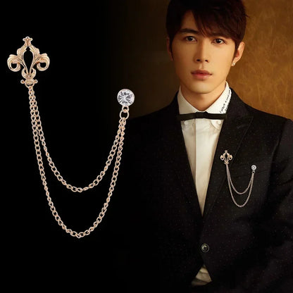 Elegant Fleur de Lis Men's Tassel Chain Brooch Pin with Rhinestone Embellishment - 80d3e6-0e.myshopify.com - -  