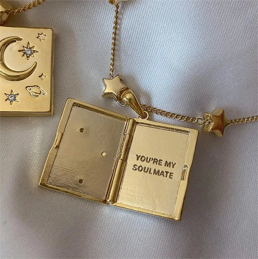 Retro "You Are My Soulmate" Moon Stars Galaxy Couple Story Book Locket Necklace